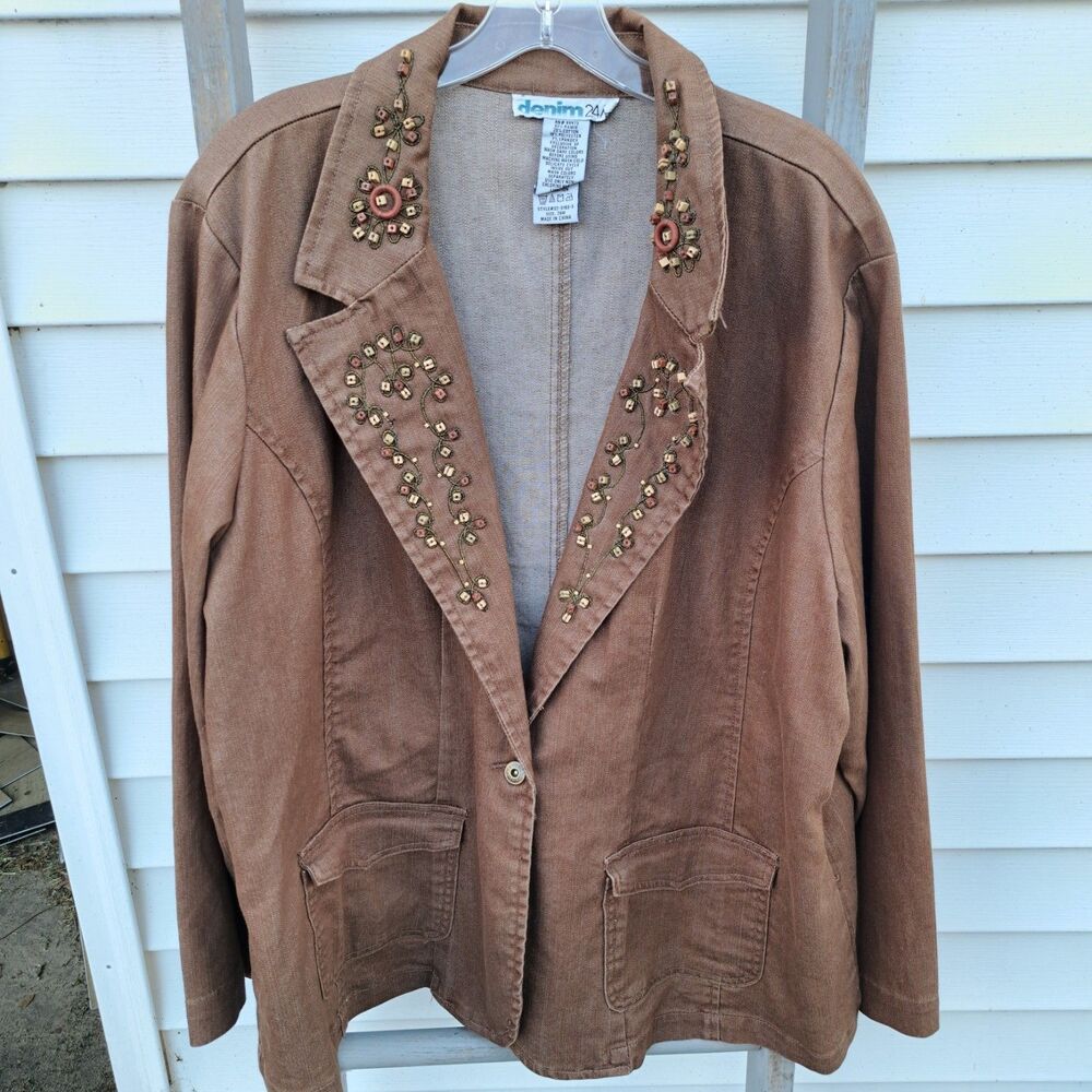Y2K Vintage 3X Denim 24/7 Wood Beaded Blazer Brown Jacket Coat Women’s 24W